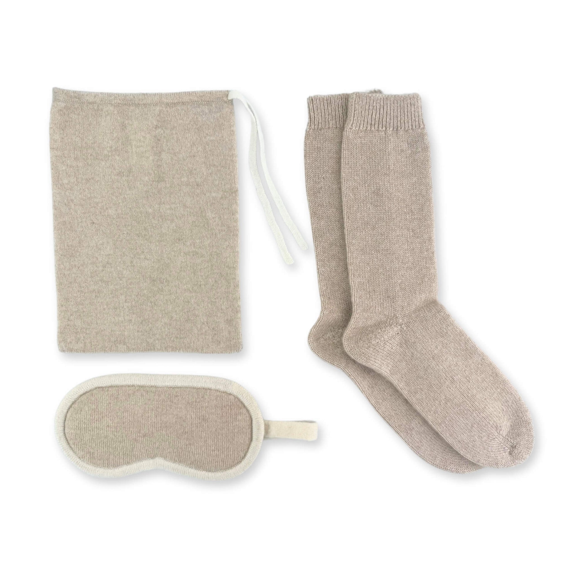 100% Cashmere Travel Eye Mask, Socks & Pouch Set Beige // sample-Jet&Bo