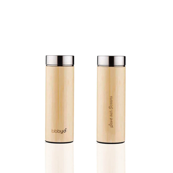 'SS + Bamboo' 17 oz Thermal Tea Flask and 'Banana Leaf' Carry Cover by BBBYO-Jet&Bo
