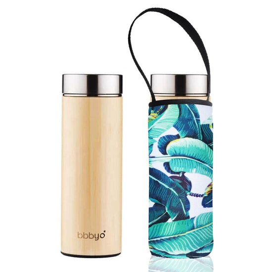 'SS + Bamboo' 17 oz Thermal Tea Flask and 'Banana Leaf' Carry Cover by BBBYO-Jet&Bo