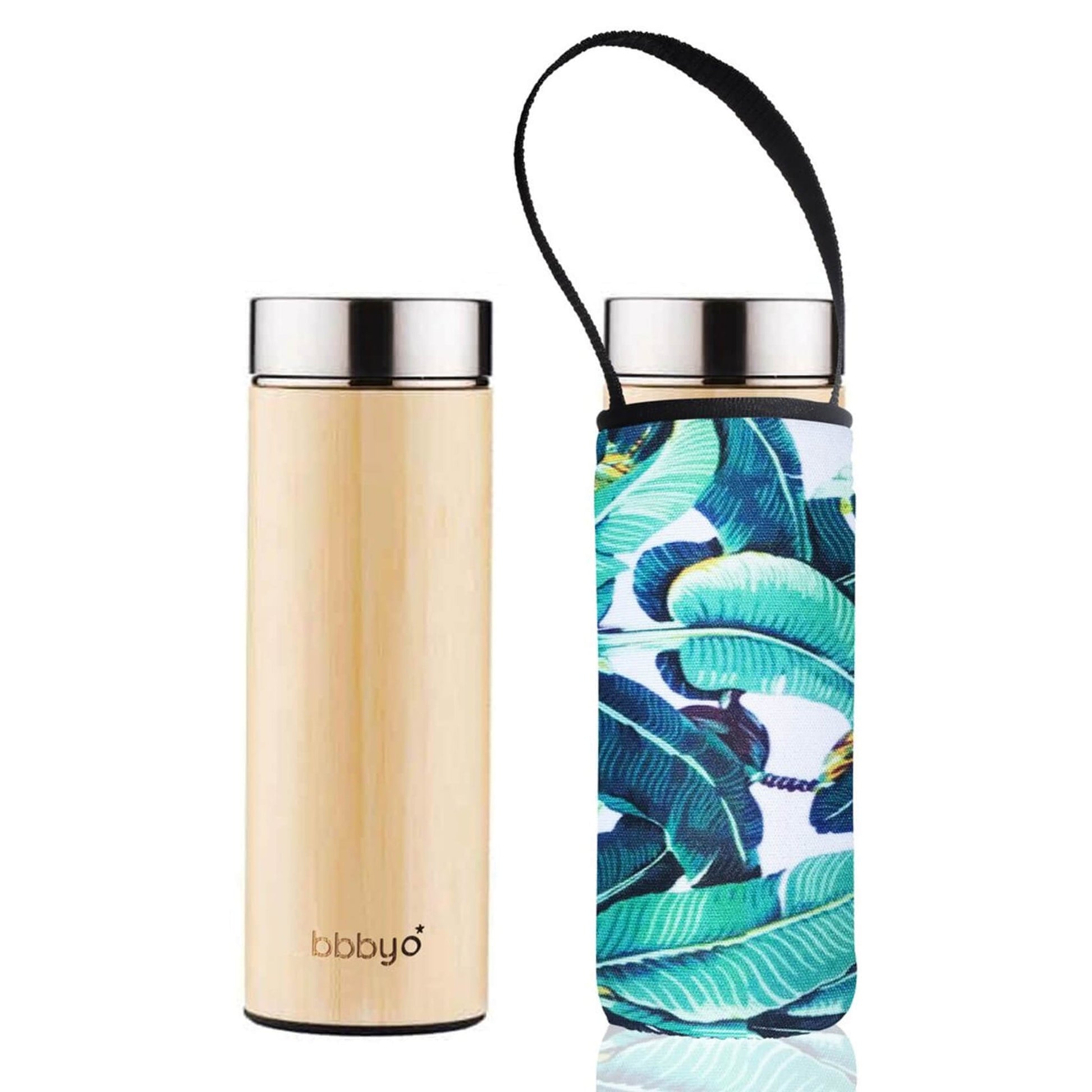 'SS + Bamboo' 17 oz Thermal Tea Flask and 'Banana Leaf' Carry Cover by BBBYO-Jet&Bo