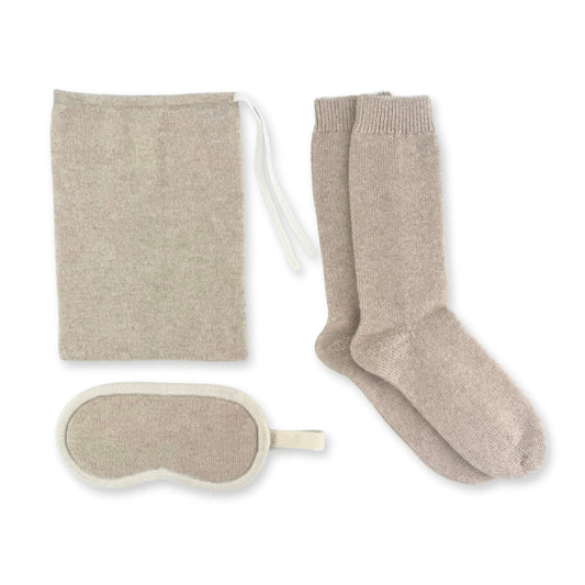 100% Cashmere Travel Eye Mask, Socks & Pouch Set Beige // sample