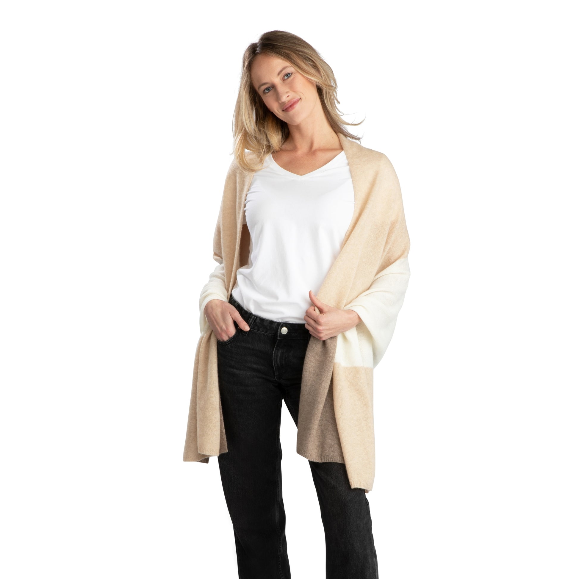 'So Soft, So Smart' Lightweight Colorblock Cashmere Travel Wrap (Beige)-Jet&amp;Bo