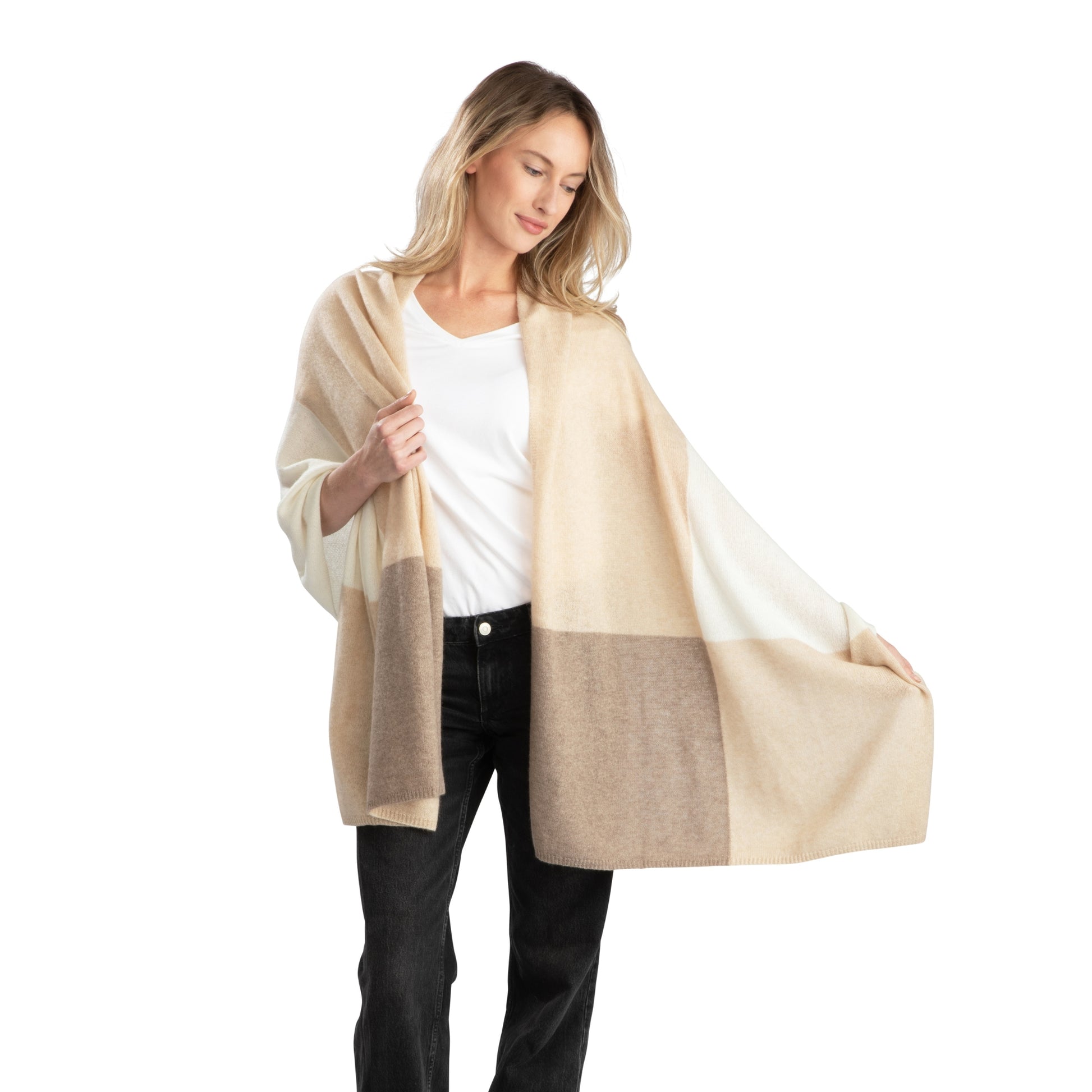 'So Soft, So Smart' Lightweight Colorblock Cashmere Travel Wrap (Beige)-Jet&amp;Bo