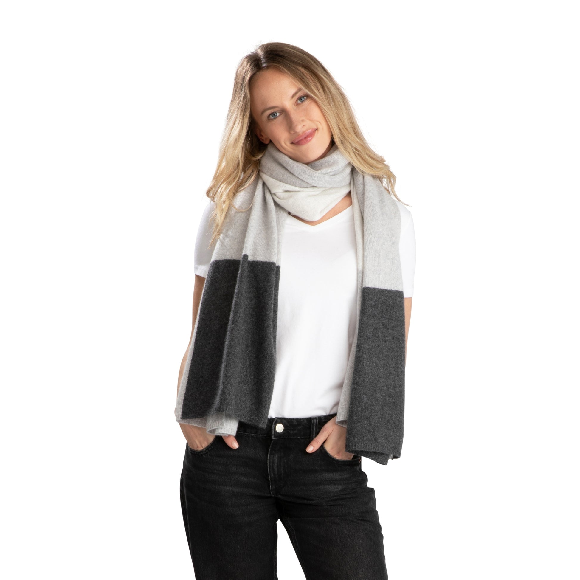 'So Soft, So Smart' Lightweight Colorblock Cashmere Travel Wrap (Gray)-Jet&amp;Bo