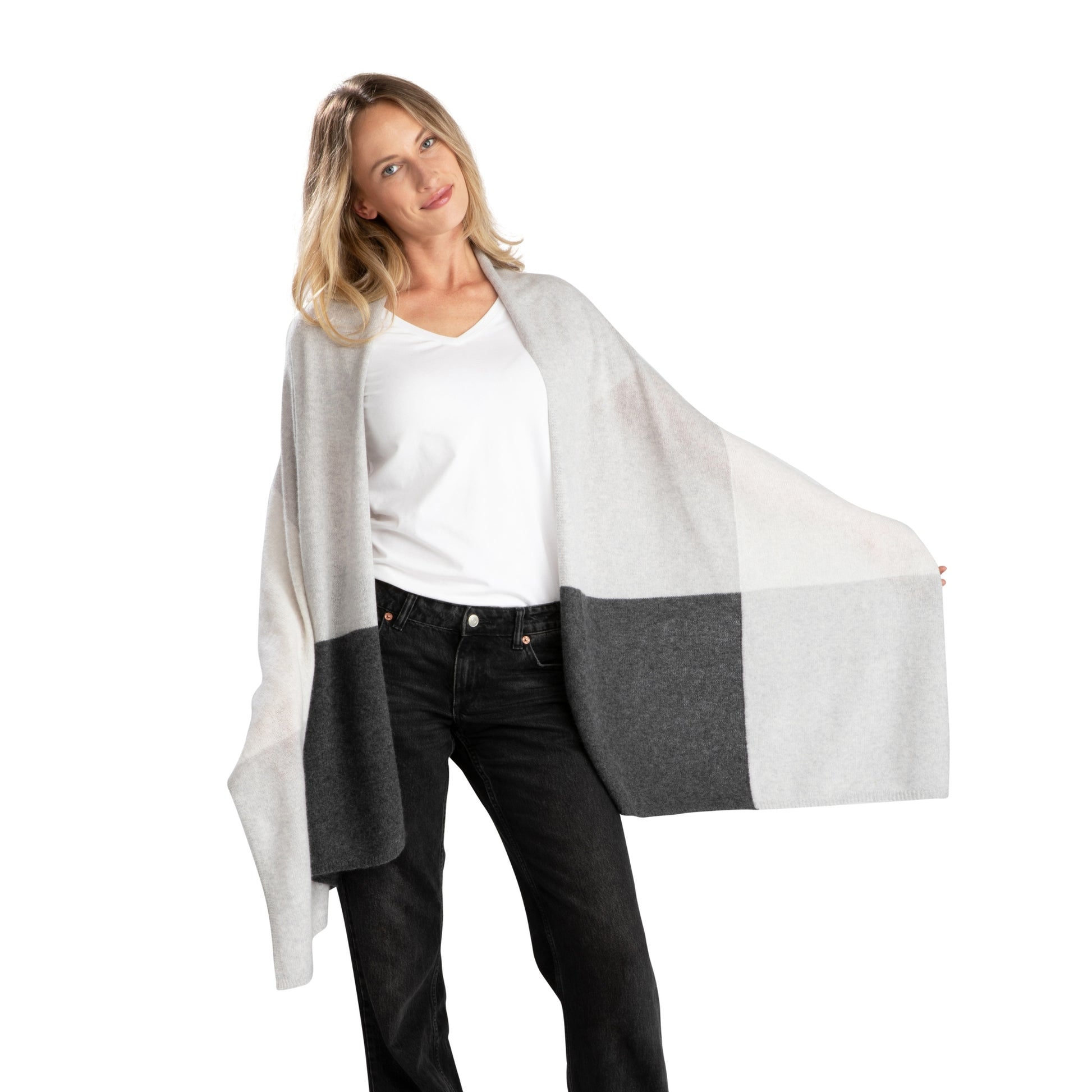 'So Soft, So Smart' Lightweight Colorblock Cashmere Travel Wrap (Gray)-Jet&amp;Bo
