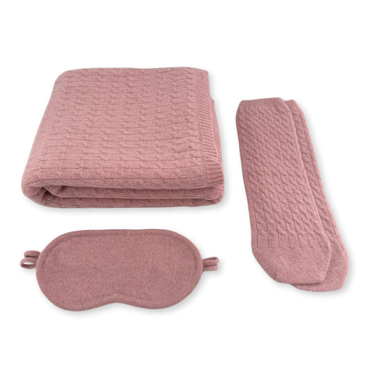 100% Cashmere Cable Knit Travel Set Pink // sample
