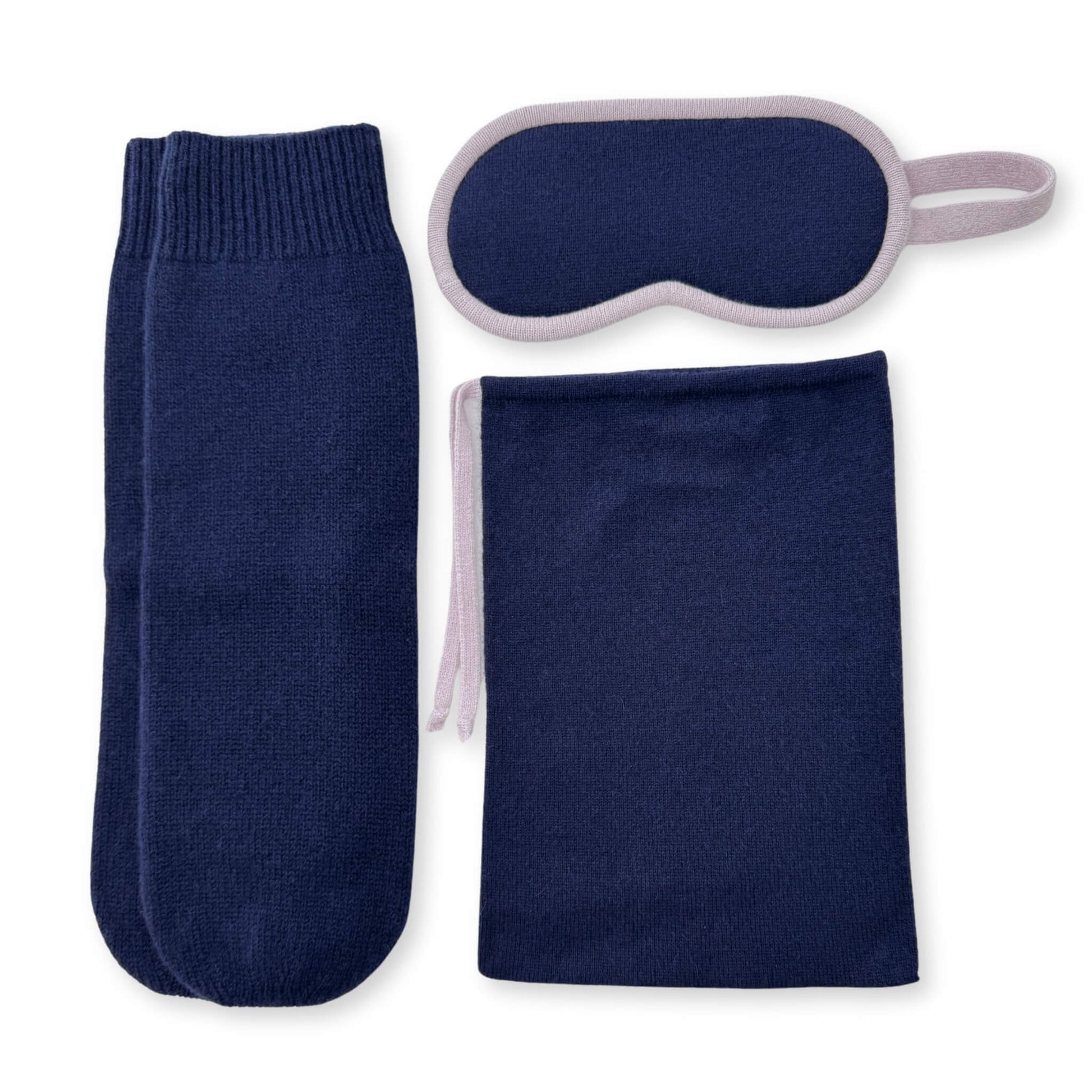 100% Cashmere Travel Eye Mask, Socks & Pouch Set Navy & Lilac // sample-Jet&amp;Bo