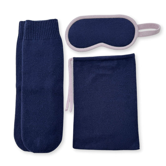 100% Cashmere Travel Eye Mask, Socks & Pouch Set Navy & Lilac // sample