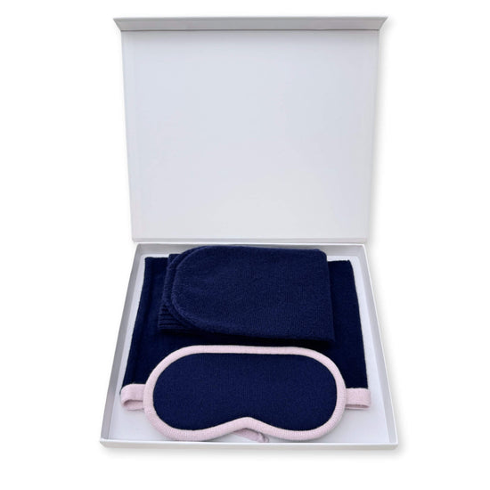 100% Cashmere Travel Eye Mask, Socks & Pouch Set Navy & Lilac // sample-Jet&amp;Bo