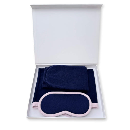 100% Cashmere Travel Eye Mask, Socks & Pouch Set Navy & Lilac // sample