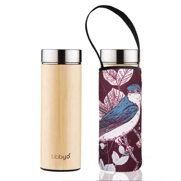 'SS + Bamboo' 17 oz Thermal Tea Flask and 'Bellbird' Carry Cover by BBBYO-BBBYO