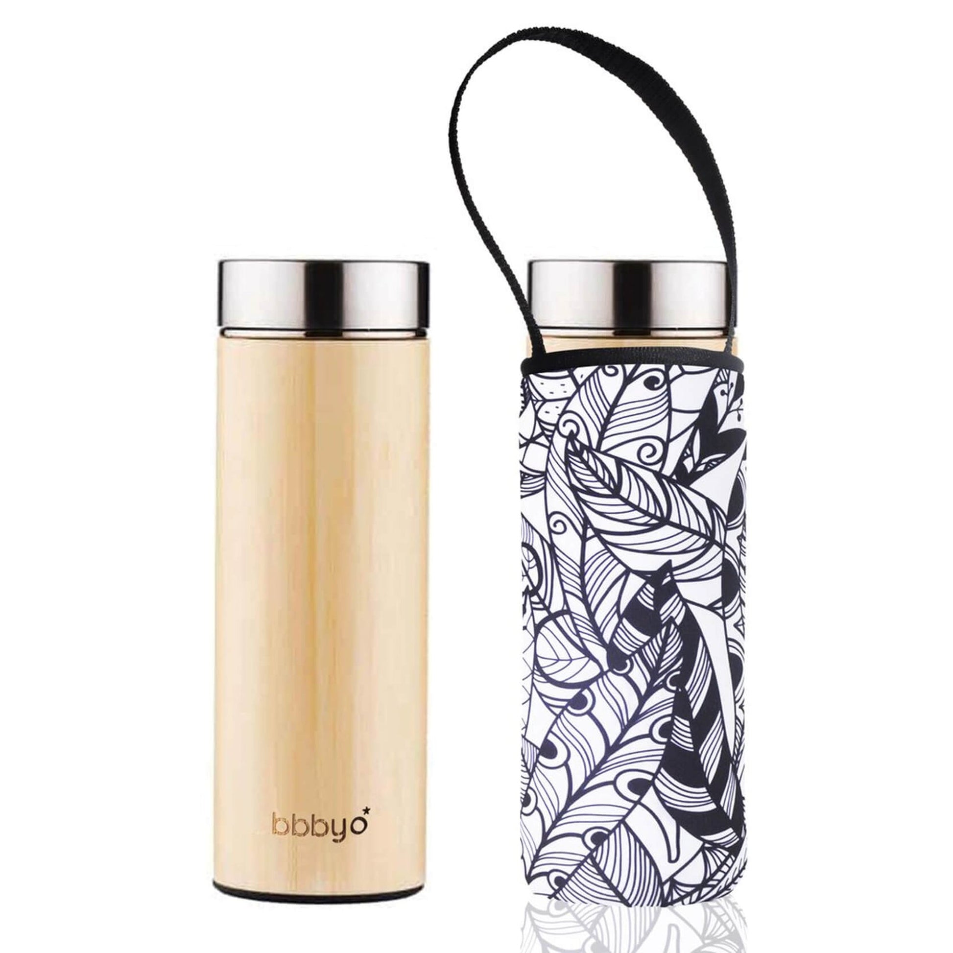 'SS + Bamboo' 17 oz Thermal Tea Flask and 'Feather' Carry Cover by BBBYO-BBBYO